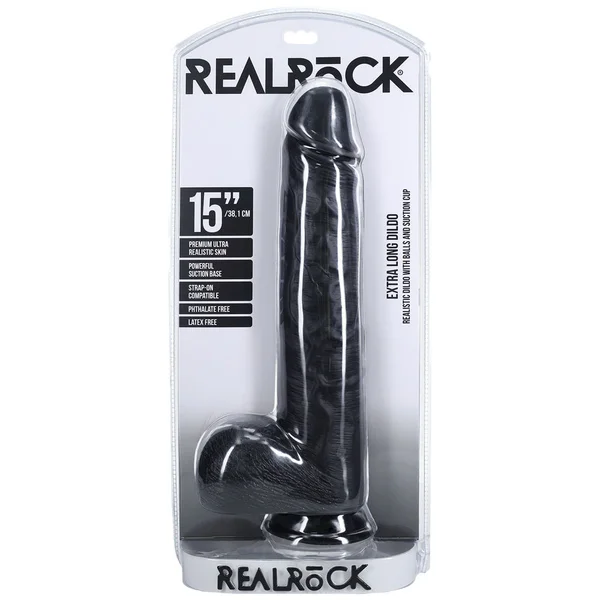 REALROCK 38cm Extra Long Dildo with Balls - Black - Black 38 cm (15'') Extra Long Dong — image 9 of 9