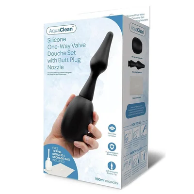 aquaclean silicone 1 way valve douche set with butt plug nozzle 150 ml capacity with free travel douche included