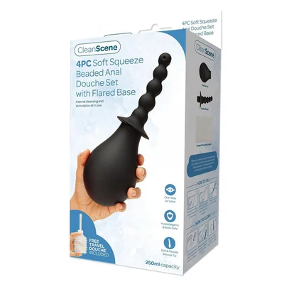 cleanscene 4 piece soft squeeze beaded anal douche set with flared base 250 ml capacity with free travel douche included