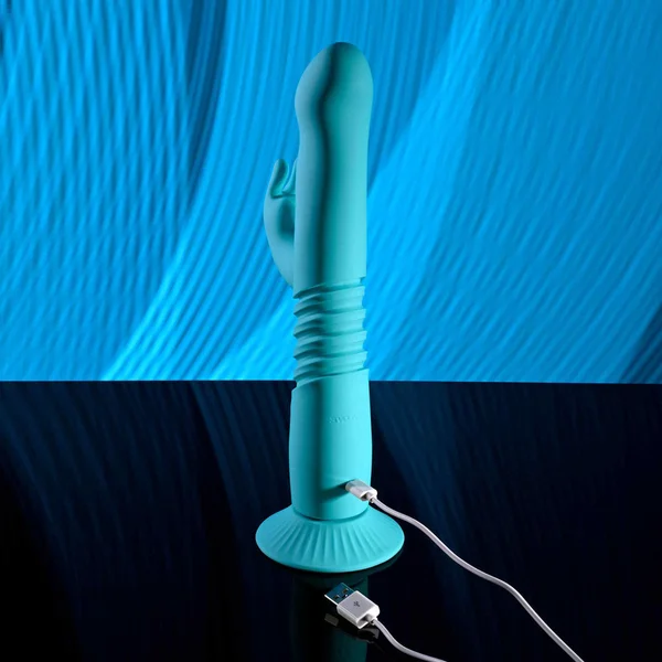 Evolved BUNNY HOP - Teal 25.1 cm USB Rechargeable Thrusting Rabbit Vibrator with Suction Base — image 8 of 8