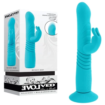 evolved bunny hop teal 251 cm usb rechargeable thrusting rabbit vibrator with suction base
