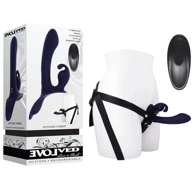evolved giving vibes black 146 cm usb rechargeable vibrating strap on with remote
