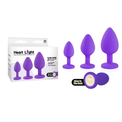 heart light purple purple butt plugs with glow in dark bases set of 3 sizes