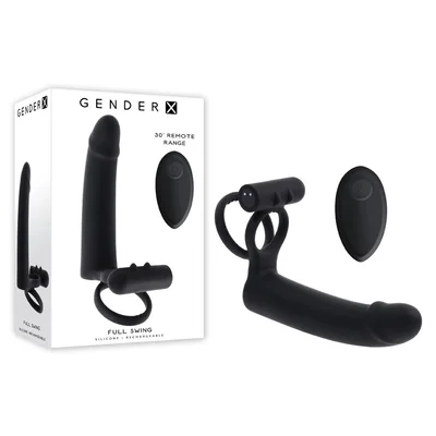 gender x full swing black usb rechargeable vibrating cock ring with double penetrator dildo