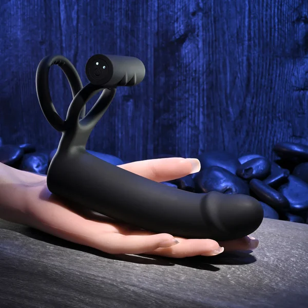 Gender X FULL SWING - Black USB Rechargeable Vibrating Cock Ring with Double Penetrator Dildo — image 3 of 9