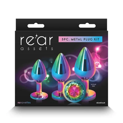 rear assets trainer kit multicolour rainbow multi coloured metallic butt plugs with rainbow gems set of 3 sizes