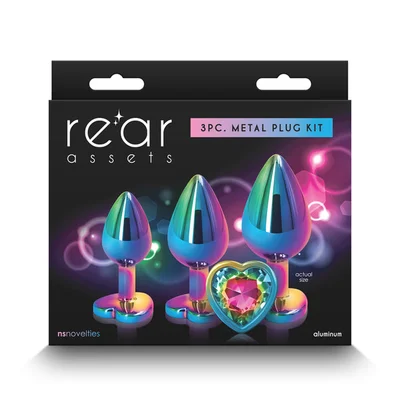 rear assets trainer kit multicolour rainbow heart multi coloured metallic butt plugs with rainbow hearts set of 3 sizes