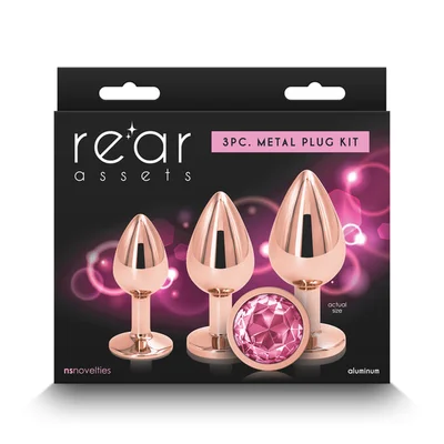 rear assets trainer kit rose gold pink rose gold metallic butt plugs with pink gems set of 3 sizes