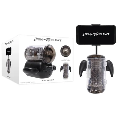 zero tolerance hold me tight black usb rechargeable vibrating auto stroker with phone holder