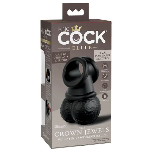 King Cock Elite The Crown Jewels Vibrating Silicone Balls - Black USB Rechargeable Vibrating Cock Ring — image 2 of 9