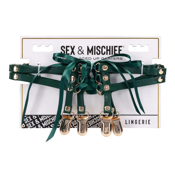 Sex & Mischief Indica Laced Up Garters - Green/Gold Garters - Set of 2
