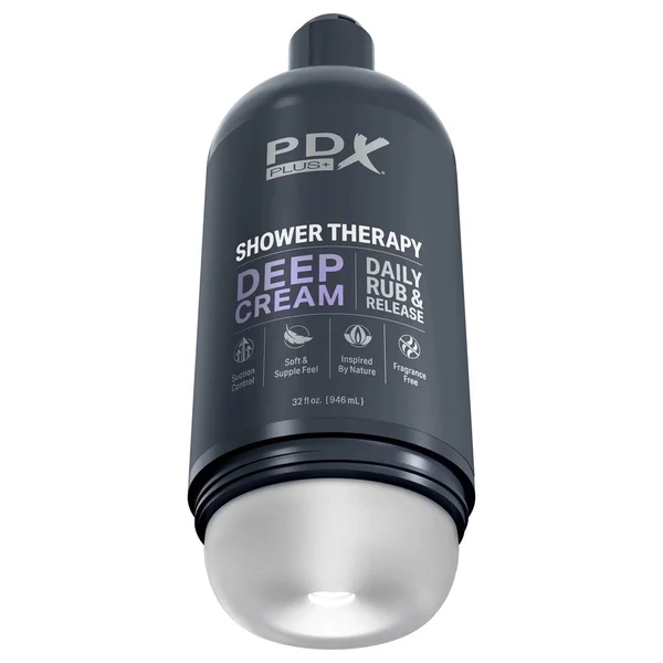PDX Plus Shower Therapy - Deep Cream - Frosted - Clear Discreet Stroker with Suction Base — image 2 of 7