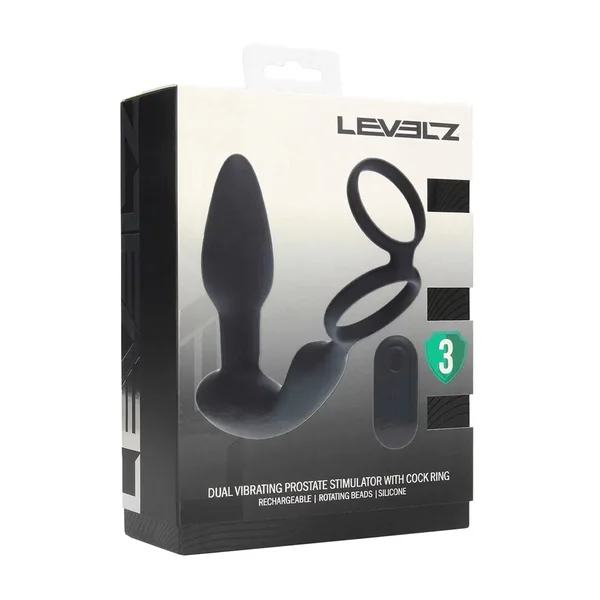 LEVELZ Dual Vibrating Prostate Stimulator with Cock Ring - Black USB Rechargeable Vibrating Butt Plug with Cock Ring — image 7 of 8