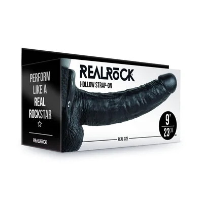 realrock hollow strapon with balls 23 cm black black 23 cm hollow strap on