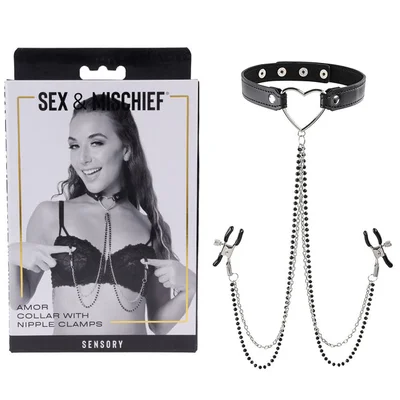 sex mischief amor collar with nipple clamps metal restraints