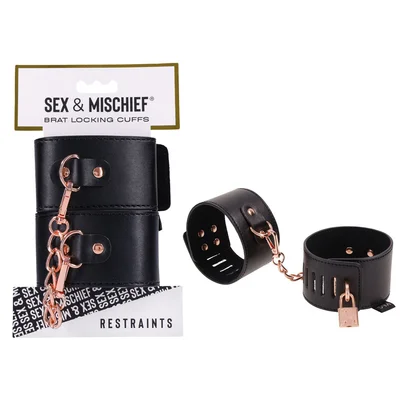 sex mischief brat locking cuffs blackrose gold hand cuffs