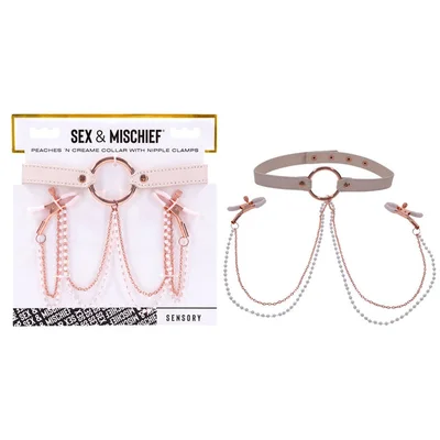 sex mischief peaches n creame collar with nipple clamps peach nipple restraints