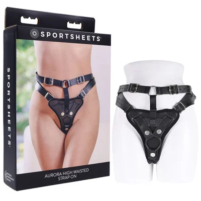 sportsheets aurora high waisted strap on black adjustable strap on harness no probe included