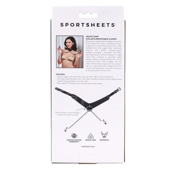 SPORTSHEETS Velvet Noir Collar & Removable Clamps - Black Neck & Nipple Restraints — image 9 of 9