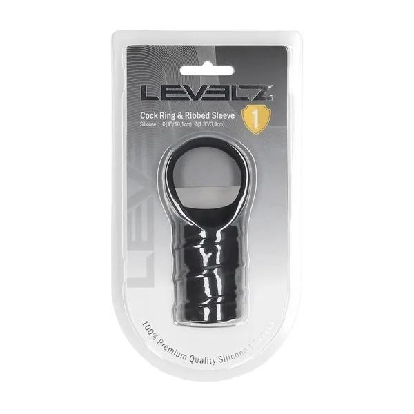 LEVELZ Silicone Cock Ring & Ribbed Sleeve - Black Cock Ring with Sleeve — image 6 of 7