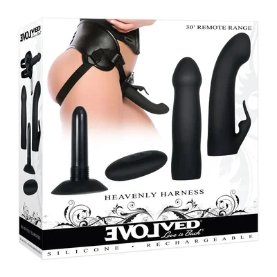 evolved heavenly harness black usb rechargeable strap on kit