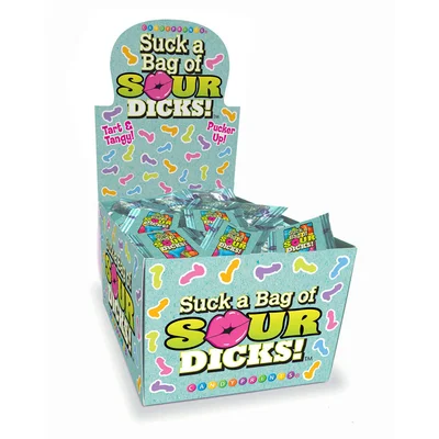 suck a bag of sour dicks counter display sour fruit flavoured lollies counter display of 100 party packs