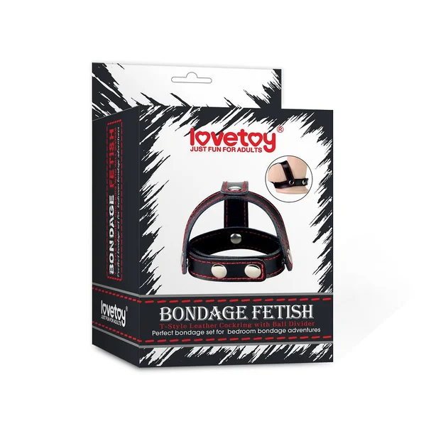 Bondage Fetish T-Style Leather Cock Ring with Ball Divider - Black Cock Ring — image 4 of 6