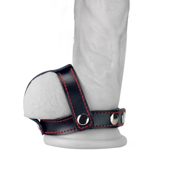 Bondage Fetish T-Style Leather Cock Ring with Ball Divider - Black Cock Ring — image 2 of 6