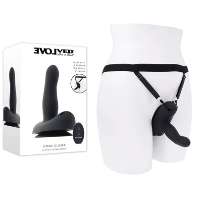 evolved come closer black usb rechargeable vibrating strap on with remote