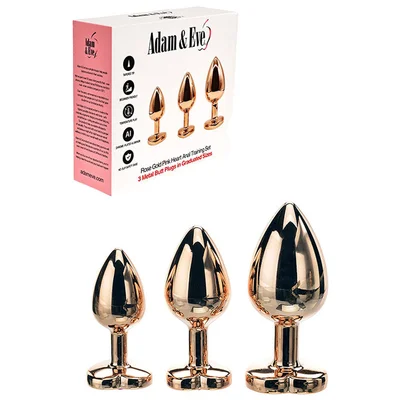 adam eve rose gold heart gem anal training set rose gold metal anal plugs with pink gem bases set of 3 sizes