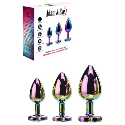 adam eve rainbow heart gem anal training set multicoloured metal anal plugs with gem bases set of 3 sizes