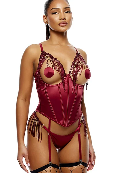 Forplay Peep Show 3 Piece Satin Bustier Set with Panty & Nipple Pasties — image 6 of 10