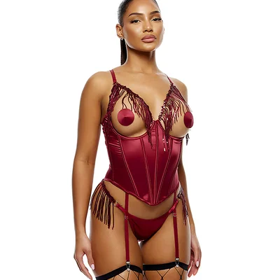 forplay peep show 3 piece satin bustier set with panty nipple pasties