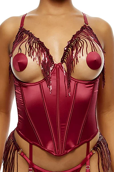 Forplay Peep Show 3 Piece Satin Bustier Set with Panty & Nipple Pasties — image 3 of 5