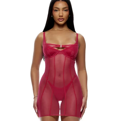 forplay layers to this mesh knit 2 piece chemise thong lingerie set