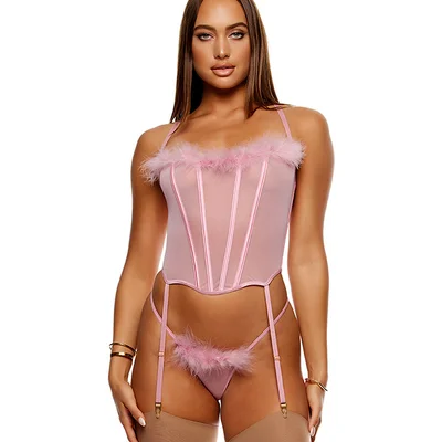forplay soft seduction 2 piece feathered bustier set with panty