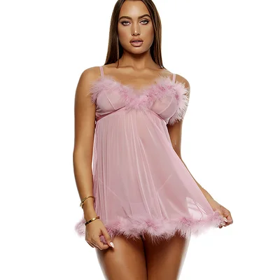 forplay soft seduction 2 piece feathered babydoll set with panty