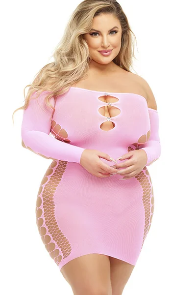 Pink Lipstick Diamond Dripping Mini Dress Long Sleeve Bodystocking — image 3 of 6