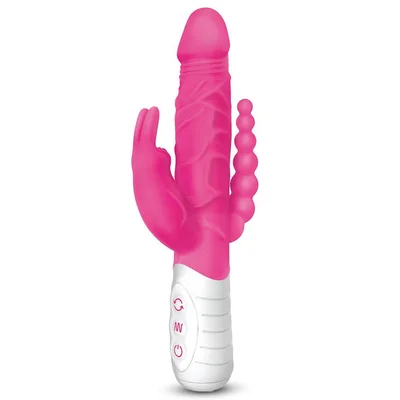 rabbit essentials slim realistic double penetration rechargeable rabbit vibrator with rotating beads