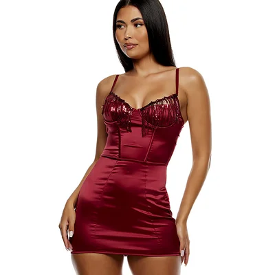forplay peep show 2 piece cutout satin chemise set with panty