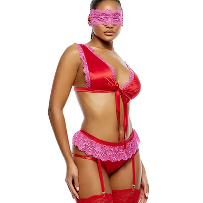 forplay rapunzel 4 piece front tie bra set with panty garter belt blindfold