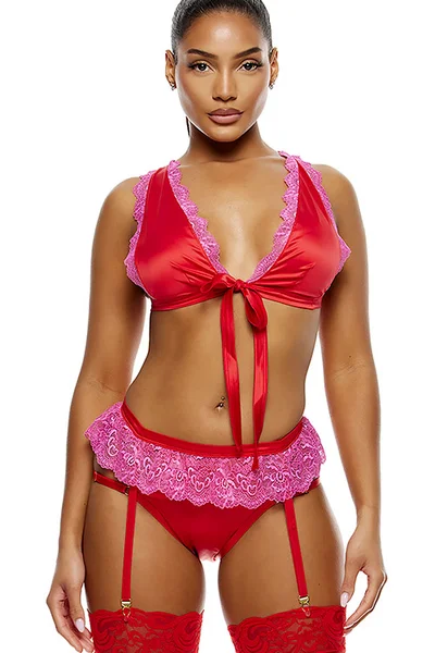 Forplay Rapunzel 4 Piece Front Tie Bra Set with Panty, Garter Belt, & Blindfold — image 2 of 6
