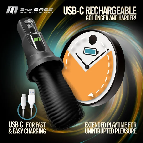 M For Men - 3rd Base - Black USB Rechargeable Vibrating & Rotating Auto Stroker — image 7 of 9
