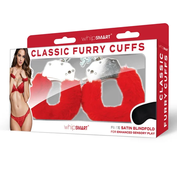WhipSmart Classic Furry Cuffs - Red - Red Furry Restraints with Bonus Eye Mask — image 3 of 3