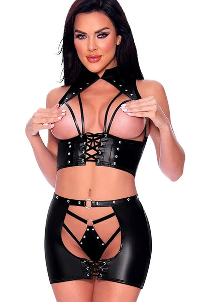 Comme-Ci Comme-Ca Ambrosia Collared 3 Piece Open Cup Bra, Thong & Skirt Set — image 7 of 18