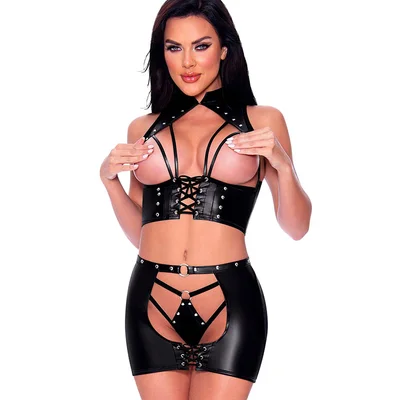 comme ci comme ca ambrosia collared 3 piece open cup bra thong skirt set