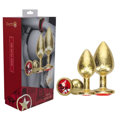 ouch milan collection metal anal plug set gold gold butt plugs with gem bases set of 3 sizes