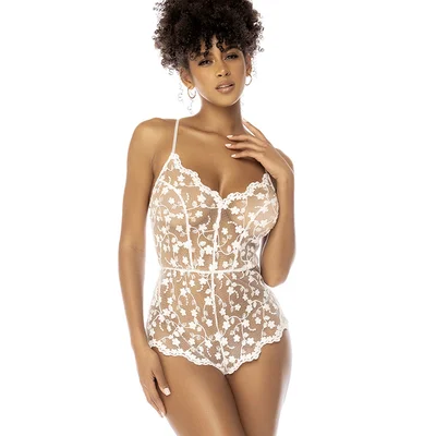 mapale by espiral star white embroidered sheer romper with snap crotch