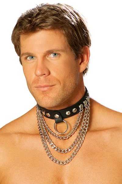 Elegant Moments Bound In Black Mens Leather Collar with Chains & O Ring — image 3 of 4