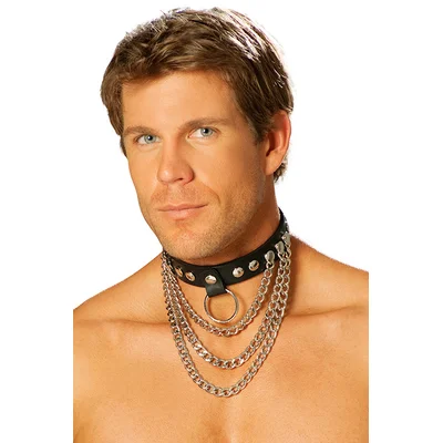 elegant moments bound in black mens leather collar with chains o ring